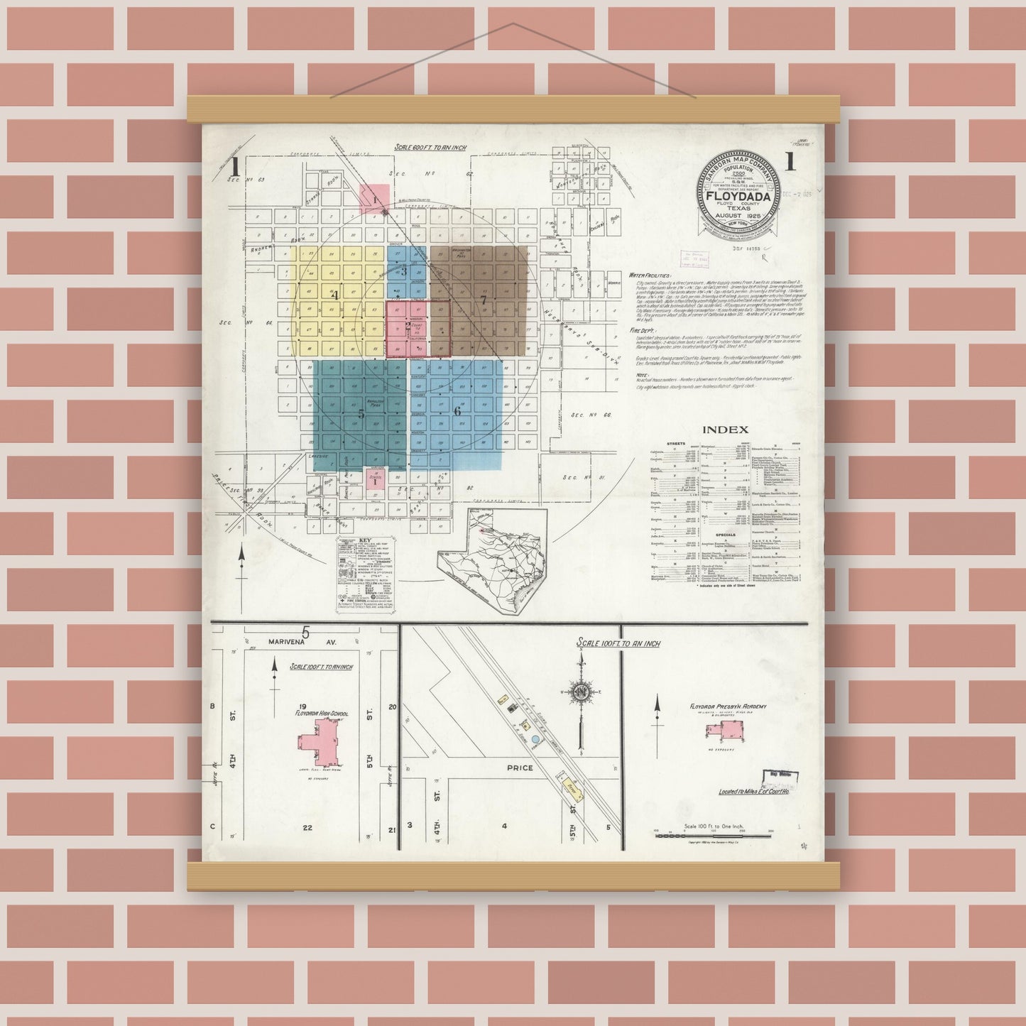 Old map wall art mockup — magnetic wood frame on brick wall — Sanborn Fire Insurance Map from Floydada, Floyd County, Texas (1925) - Complete Map Set