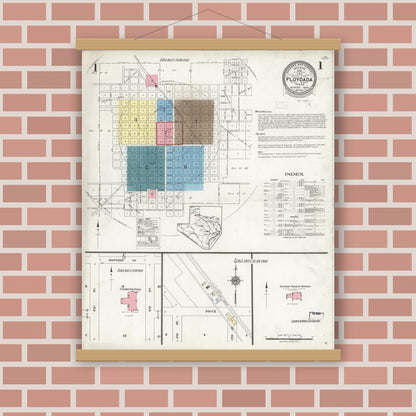 Old map wall art mockup — magnetic wood frame on brick wall — Sanborn Fire Insurance Map from Floydada, Floyd County, Texas (1925) - Complete Map Set
