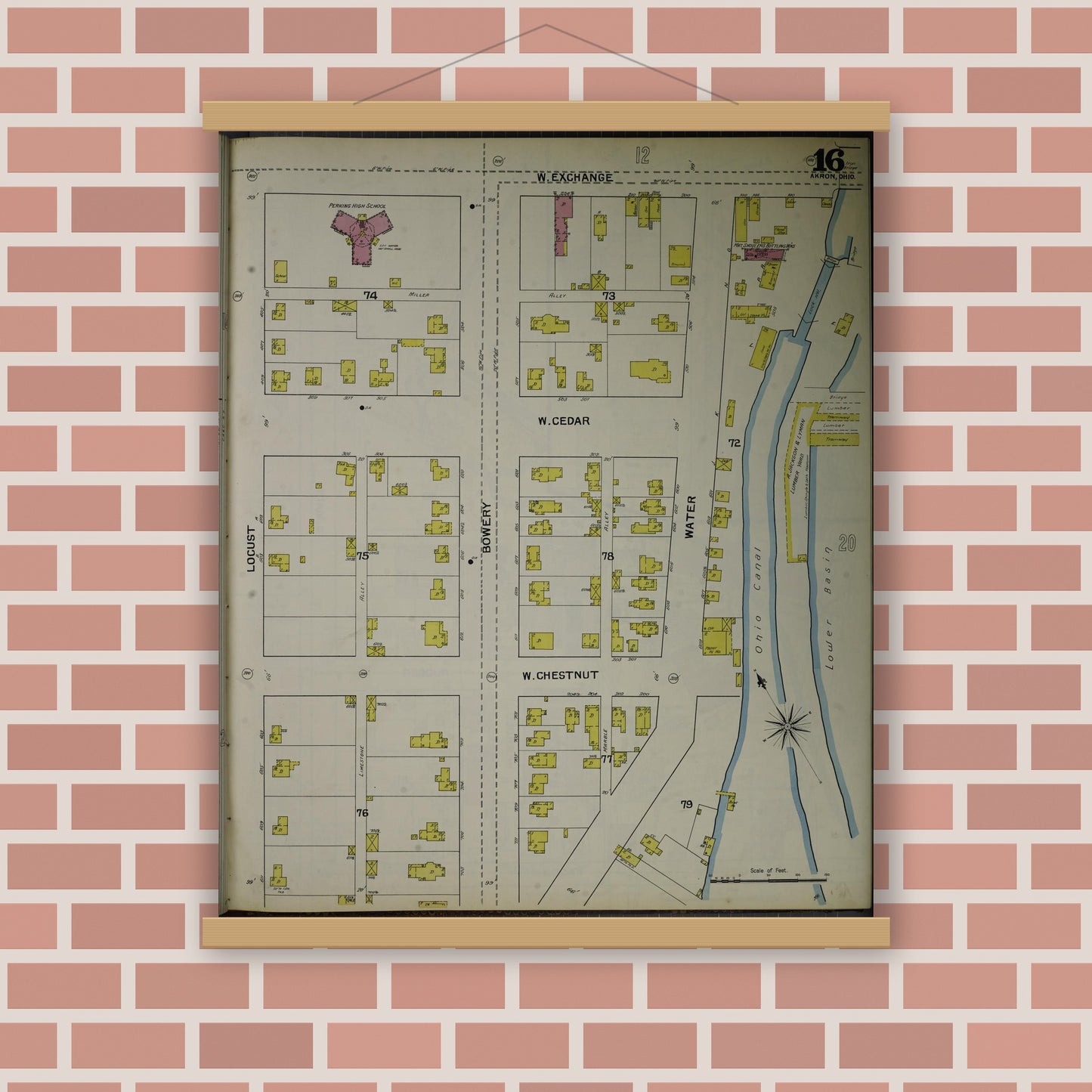 Old map wall art mockup — magnetic wood frame on brick wall — Sanborn Fire Insurance Map from Akron, Summit County, Ohio (1892), Sheet #0016