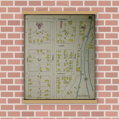 Old map wall art mockup — magnetic wood frame on brick wall — Sanborn Fire Insurance Map from Akron, Summit County, Ohio (1892), Sheet #0016