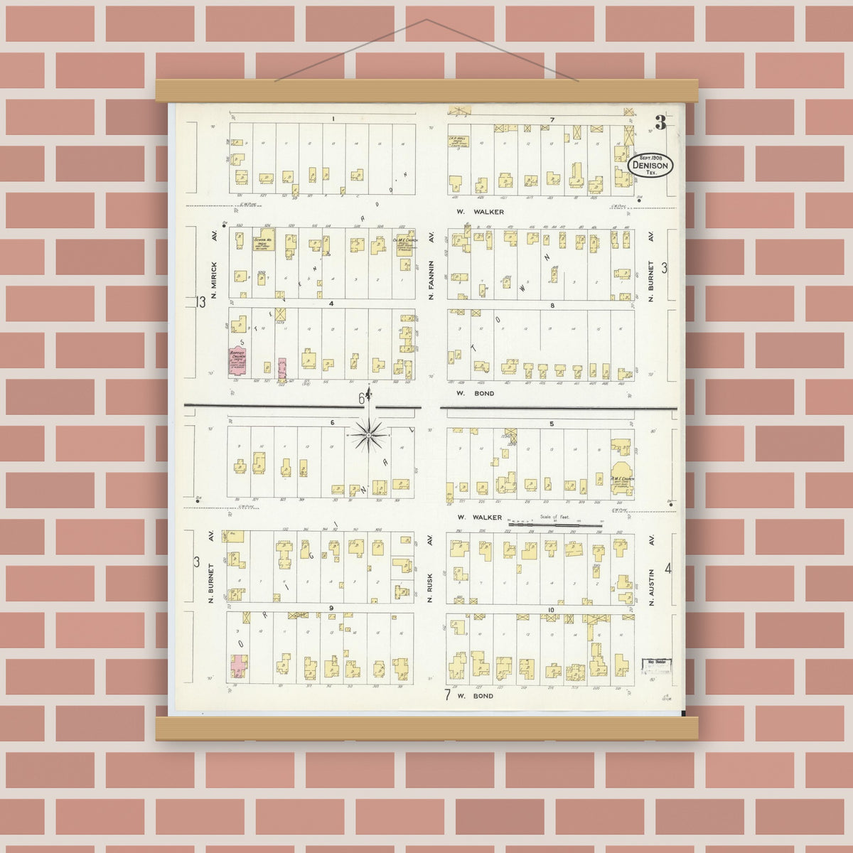 Old map wall art mockup — magnetic wood frame on brick wall — Sanborn Fire Insurance Map from Denison, Grayson County, Texas (1908), Sheet #0003