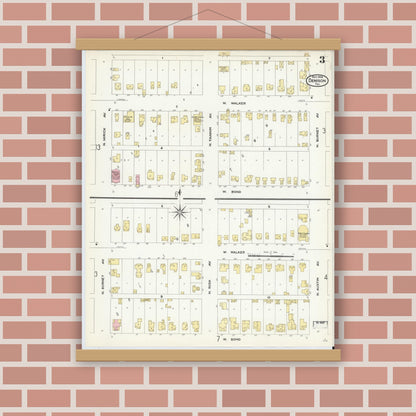 Old map wall art mockup — magnetic wood frame on brick wall — Sanborn Fire Insurance Map from Denison, Grayson County, Texas (1908), Sheet #0003