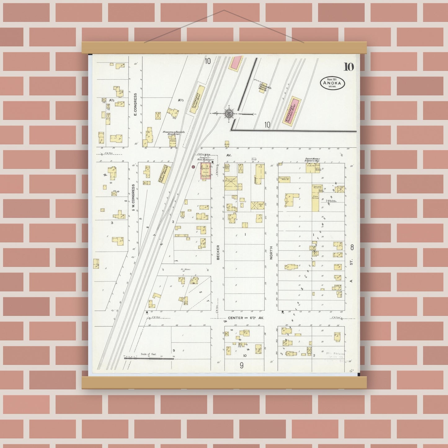 Old map wall art mockup — magnetic wood frame on brick wall — Sanborn Fire Insurance Map from Anoka, Anoka County, Minnesota (1911), Sheet #0010
