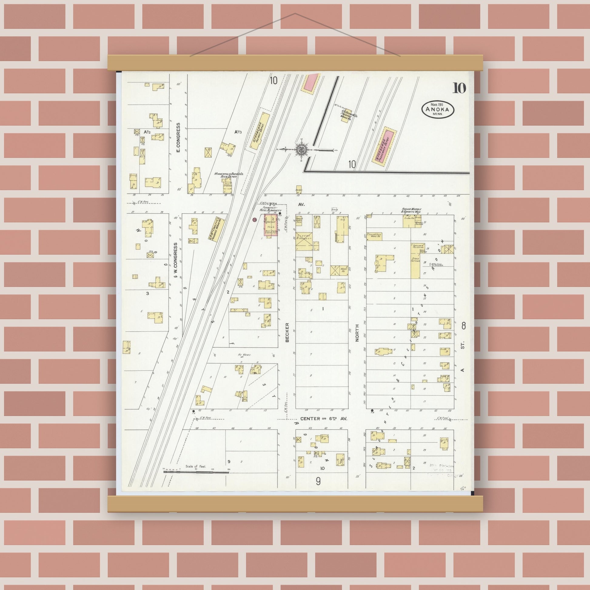 Old map wall art mockup — magnetic wood frame on brick wall — Sanborn Fire Insurance Map from Anoka, Anoka County, Minnesota (1911), Sheet #0010