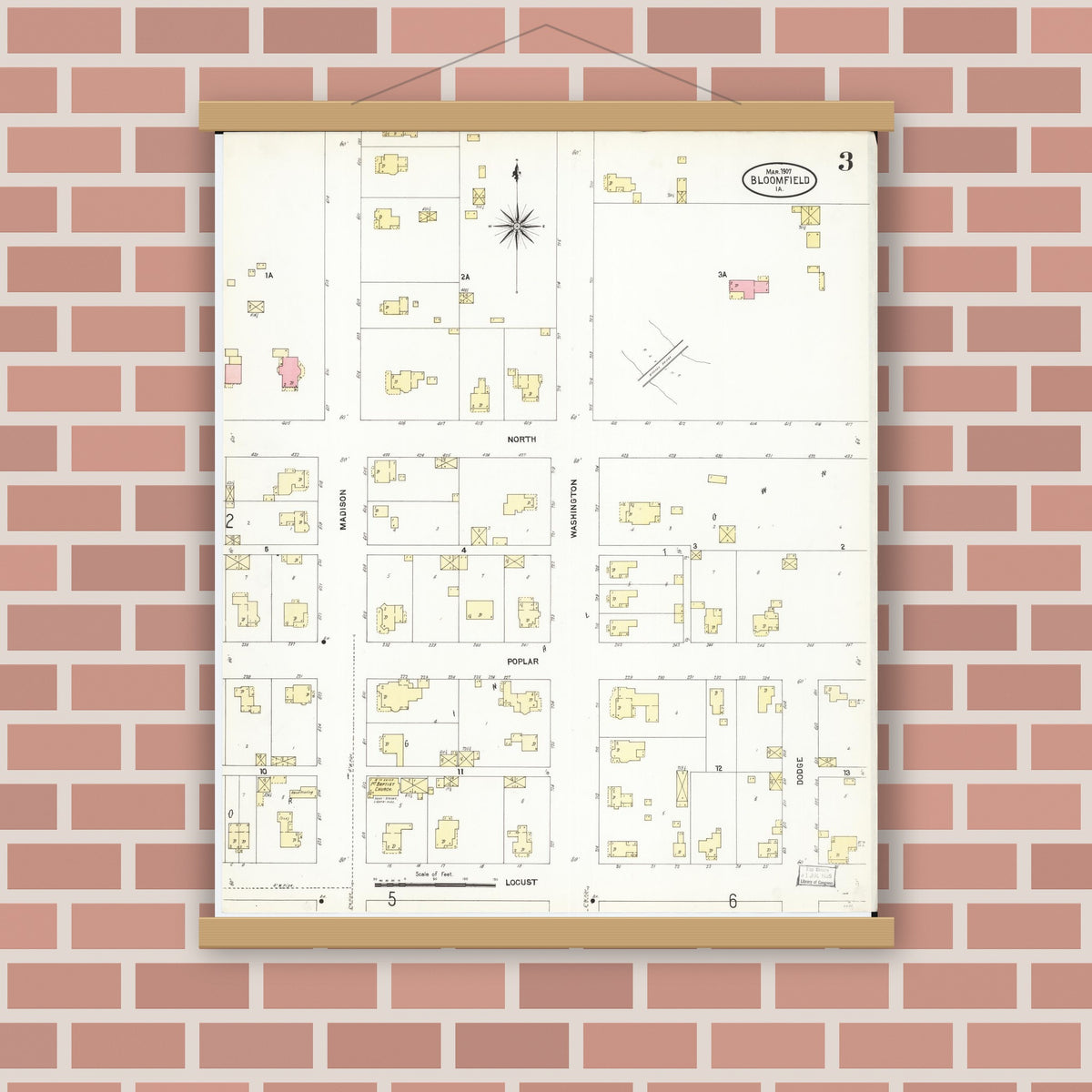 Old map wall art mockup — magnetic wood frame on brick wall — Sanborn Fire Insurance Map from Bloomfield, Davis County, Iowa (1907), Sheet #0003