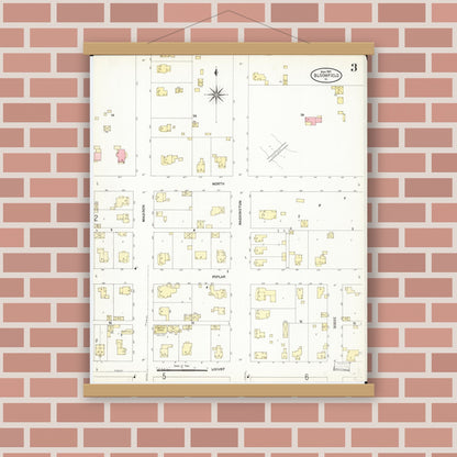 Old map wall art mockup — magnetic wood frame on brick wall — Sanborn Fire Insurance Map from Bloomfield, Davis County, Iowa (1907), Sheet #0003