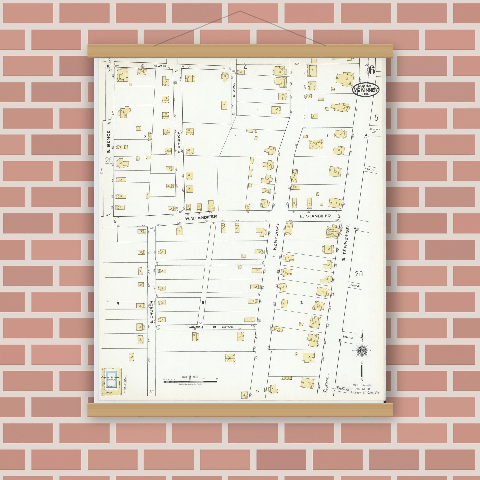 Old map wall art mockup — magnetic wood frame on brick wall — Sanborn Fire Insurance Map from McKinney, Collin County, Texas (1920), Sheet #0006