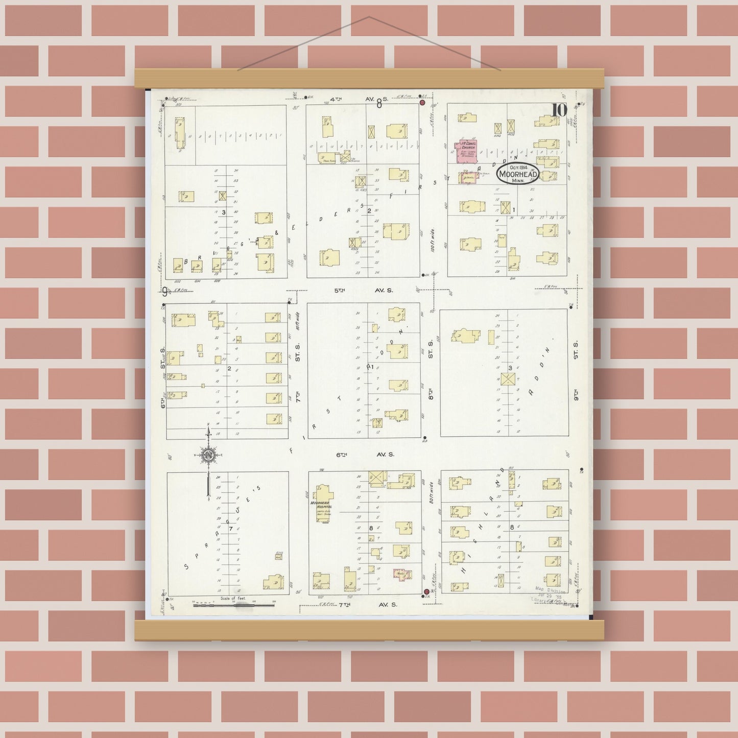 Old map wall art mockup — magnetic wood frame on brick wall — Sanborn Fire Insurance Map from Moorhead, Clay County, Minnesota (1914), Sheet #0010