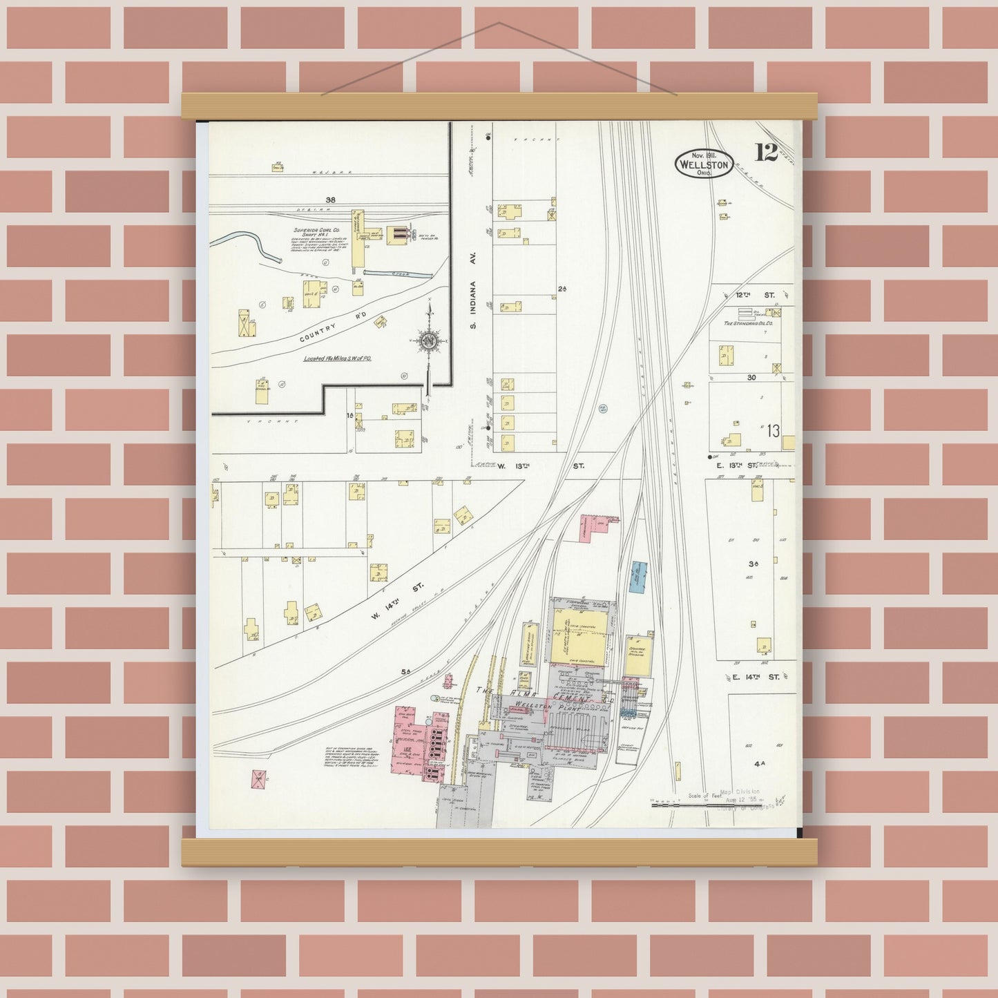 Old map wall art mockup — magnetic wood frame on brick wall — Sanborn Fire Insurance Map from Wellston, Jackson County, Ohio (1911), Sheet #0012