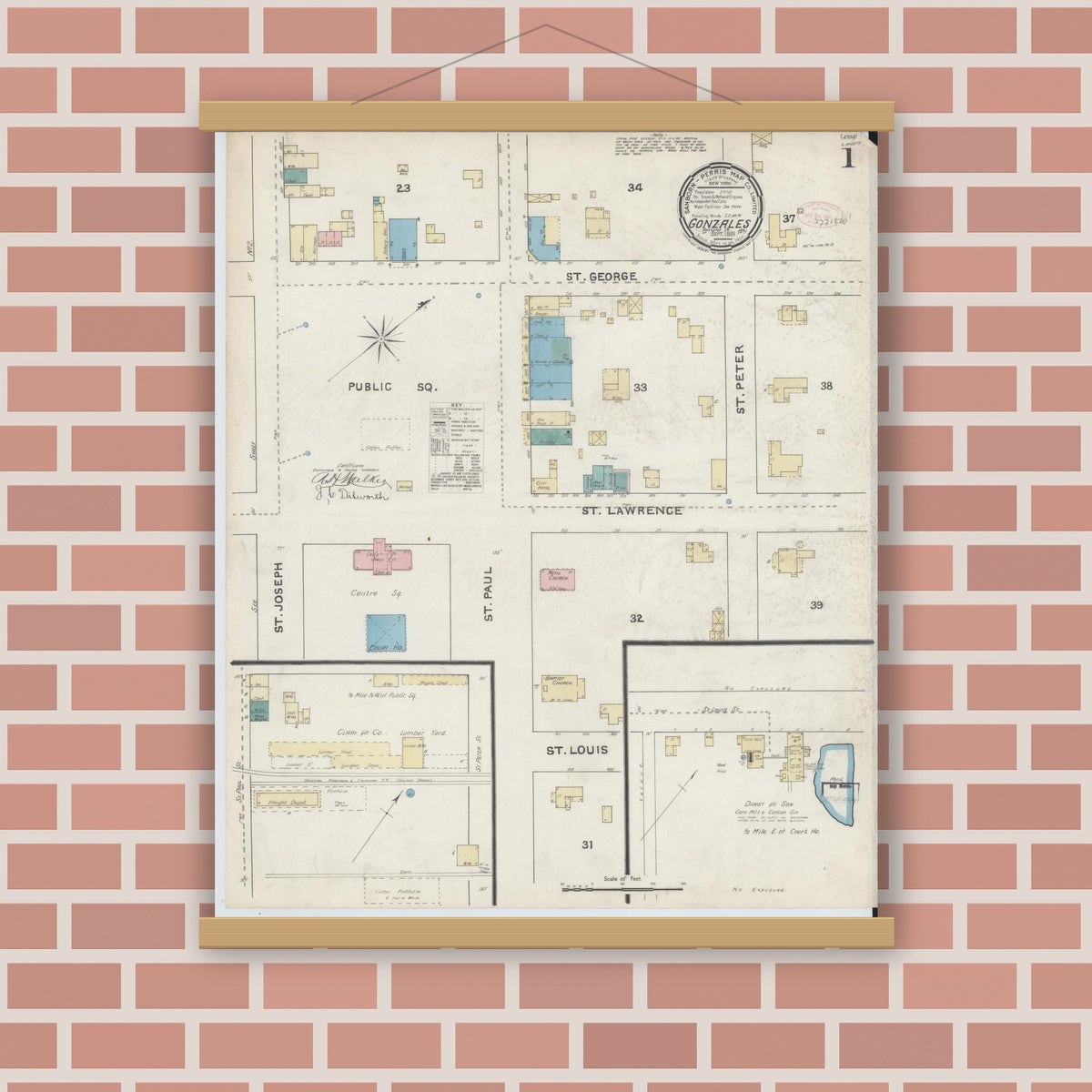 Old map wall art mockup — magnetic wood frame on brick wall — Sanborn Fire Insurance Map from Gonzales, Gonzales County, Texas (1891), Sheet #0001