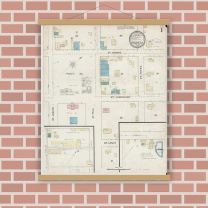 Old map wall art mockup — magnetic wood frame on brick wall — Sanborn Fire Insurance Map from Gonzales, Gonzales County, Texas (1891), Sheet #0001