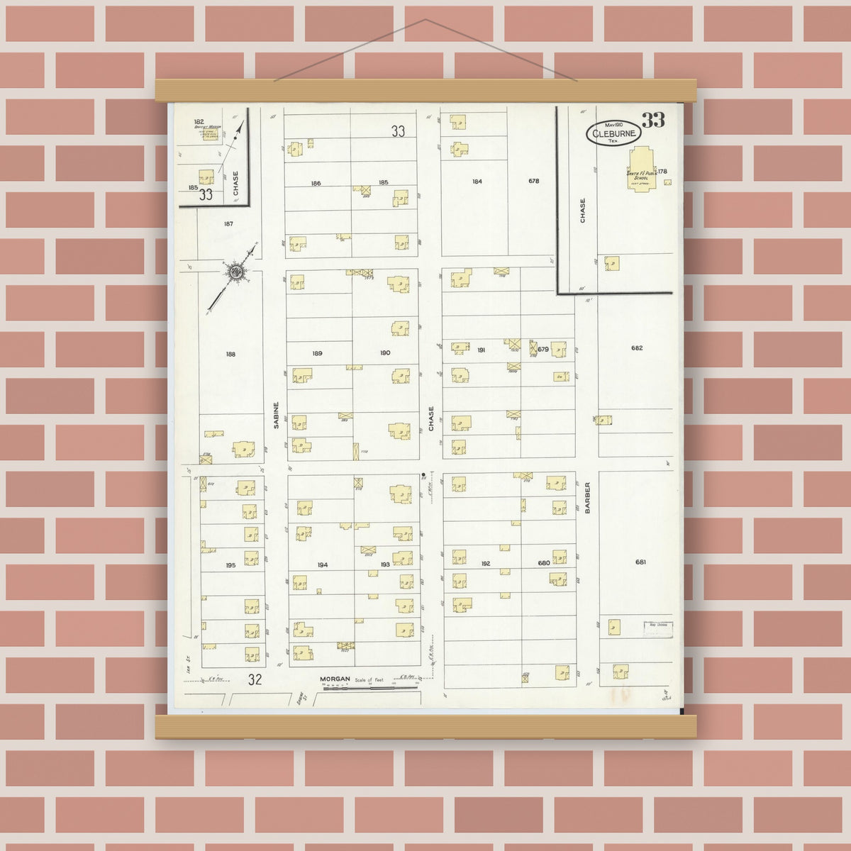 Old map wall art mockup — magnetic wood frame on brick wall — Sanborn Fire Insurance Map from Cleburne, Johnson County, Texas (1910), Sheet #0033