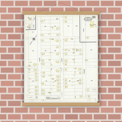 Old map wall art mockup — magnetic wood frame on brick wall — Sanborn Fire Insurance Map from Cleburne, Johnson County, Texas (1910), Sheet #0033