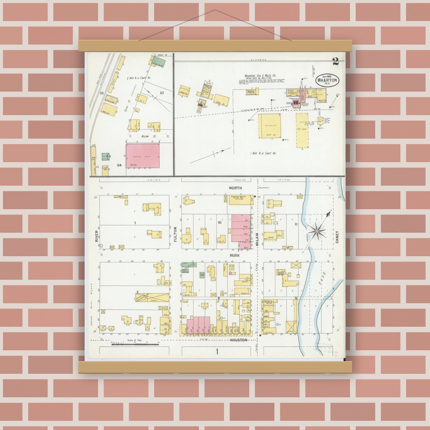 Old map wall art mockup — magnetic wood frame on brick wall — Sanborn Fire Insurance Map from Wharton, Wharton County, Texas (1900), Sheet #0002
