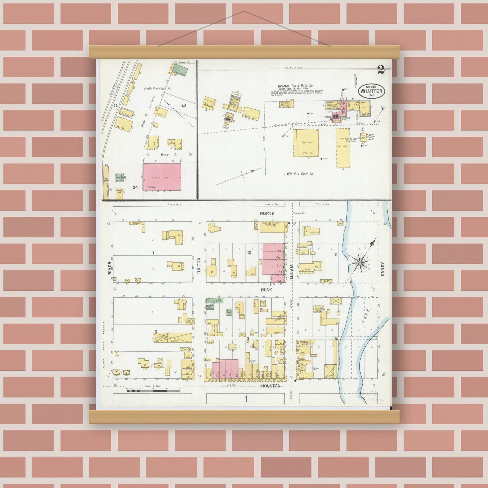Old map wall art mockup — magnetic wood frame on brick wall — Sanborn Fire Insurance Map from Wharton, Wharton County, Texas (1900), Sheet #0002