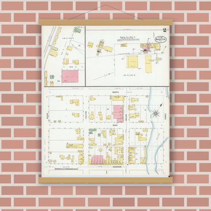 Old map wall art mockup — magnetic wood frame on brick wall — Sanborn Fire Insurance Map from Wharton, Wharton County, Texas (1900), Sheet #0002