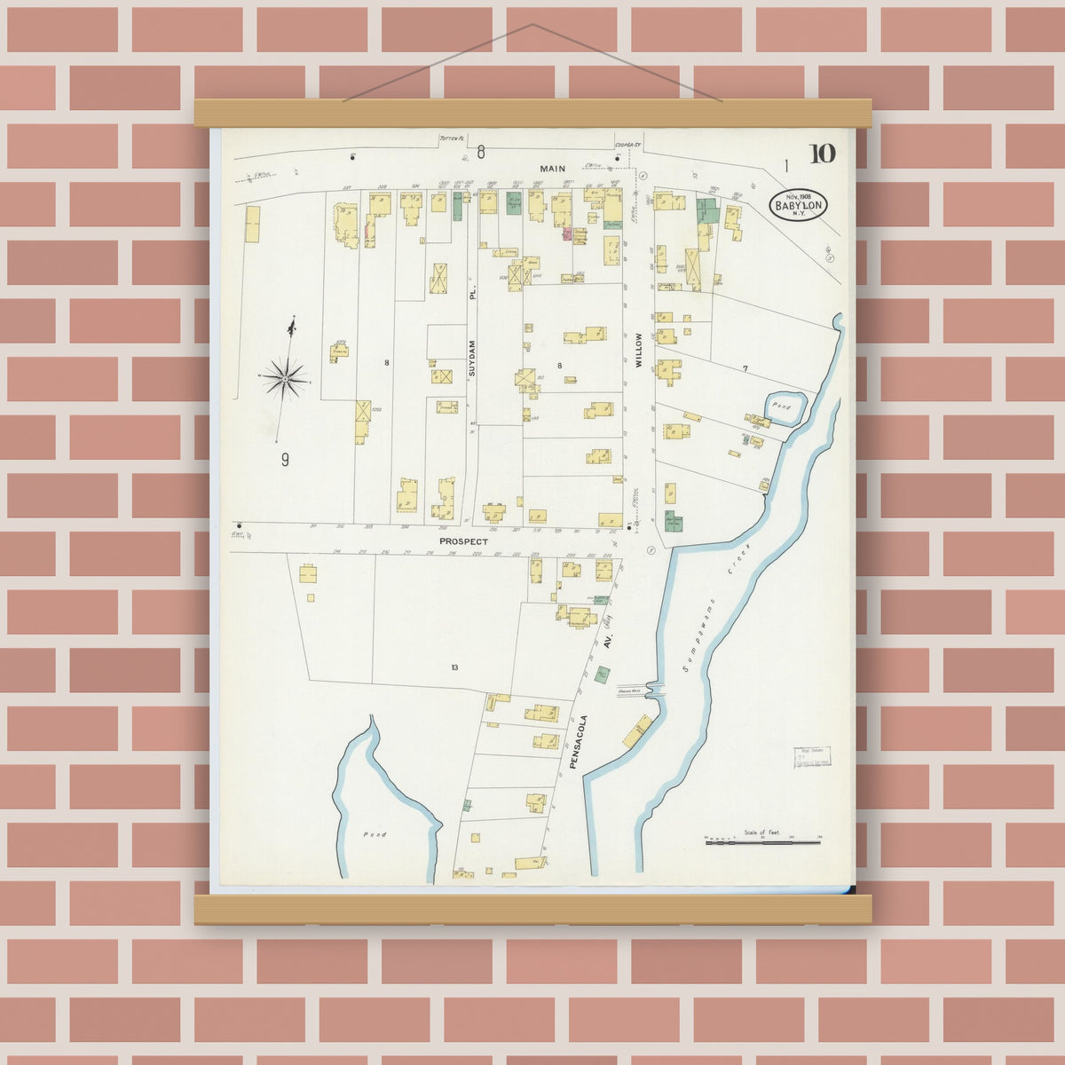 Old map wall art mockup — magnetic wood frame on brick wall — Sanborn Fire Insurance Map from Babylon, Suffolk County, New York (1908), Sheet #0010