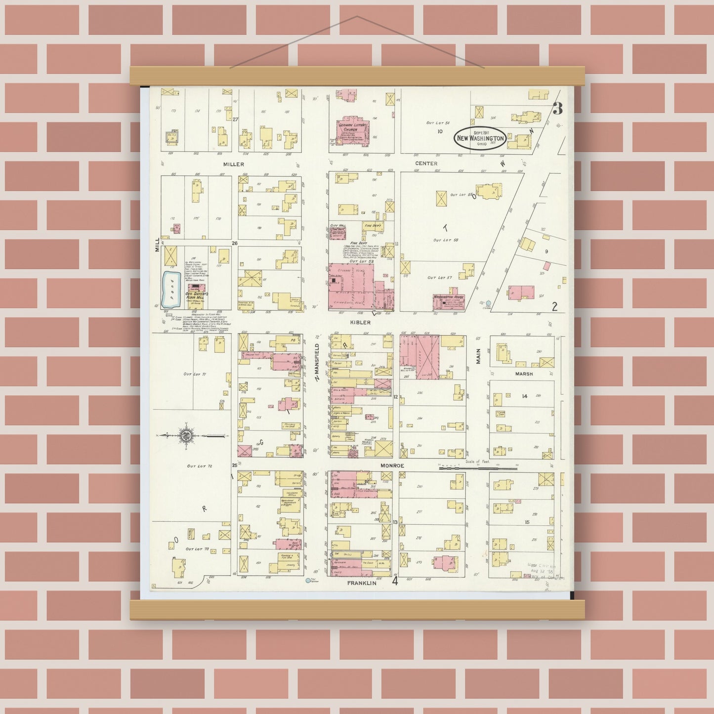 Old map wall art mockup — magnetic wood frame on brick wall — Sanborn Fire Insurance Map from New Washington, Crawford County, Ohio (1911), Sheet #0003