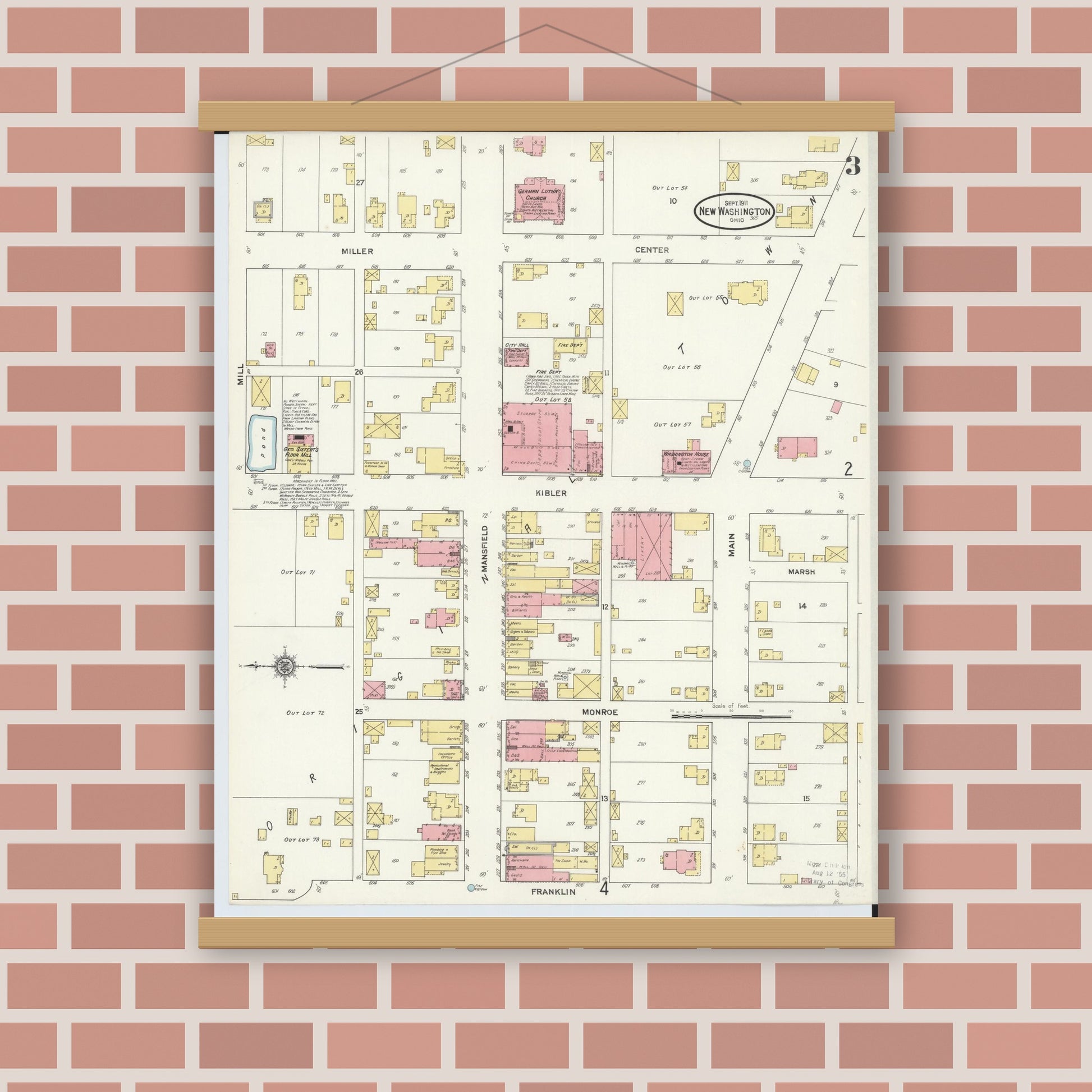 Old map wall art mockup — magnetic wood frame on brick wall — Sanborn Fire Insurance Map from New Washington, Crawford County, Ohio (1911), Sheet #0003