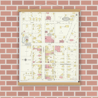 Old map wall art mockup — magnetic wood frame on brick wall — Sanborn Fire Insurance Map from New Washington, Crawford County, Ohio (1911), Sheet #0003