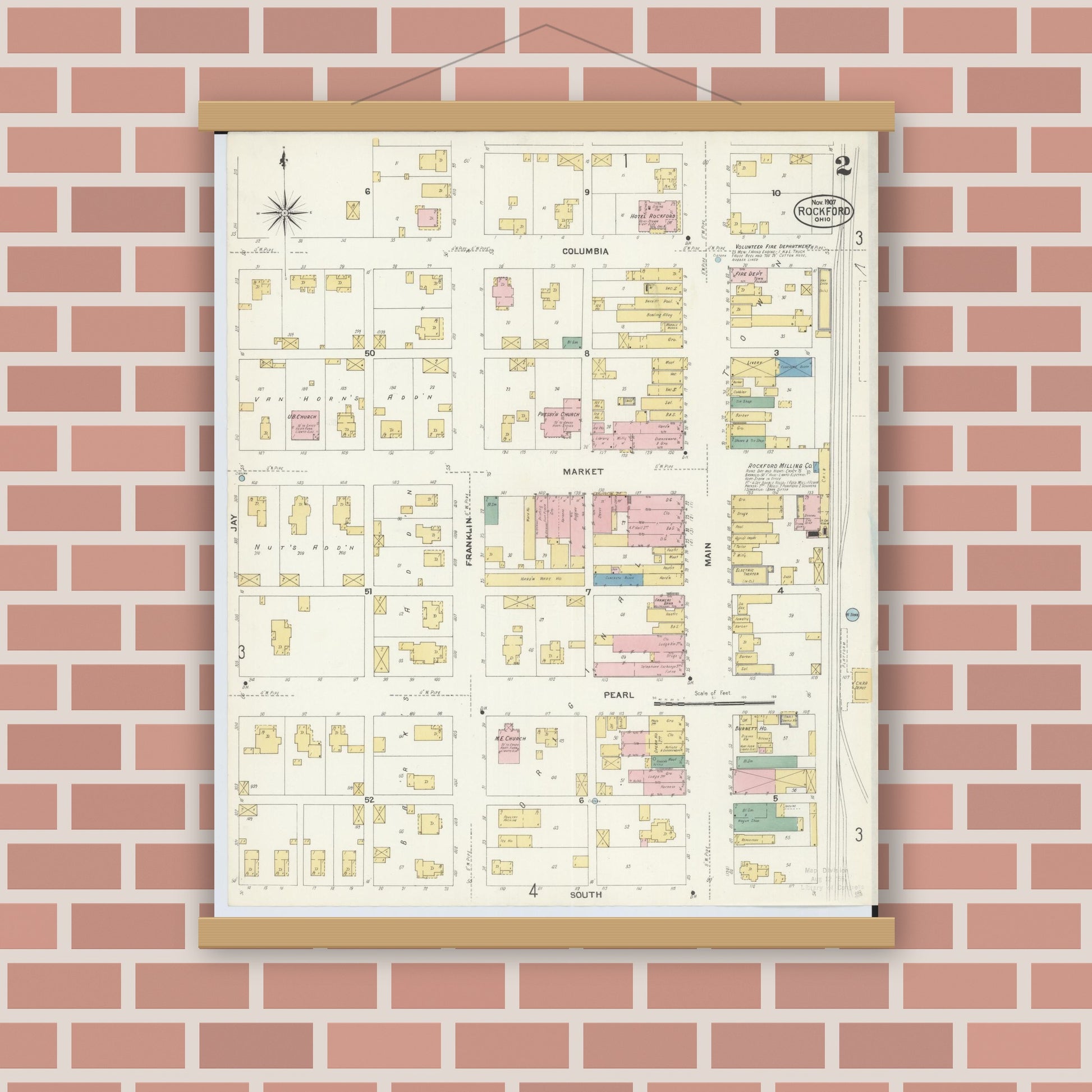 Old map wall art mockup — magnetic wood frame on brick wall — Sanborn Fire Insurance Map from Rockford, Mercer County, Ohio (1907), Sheet #0002
