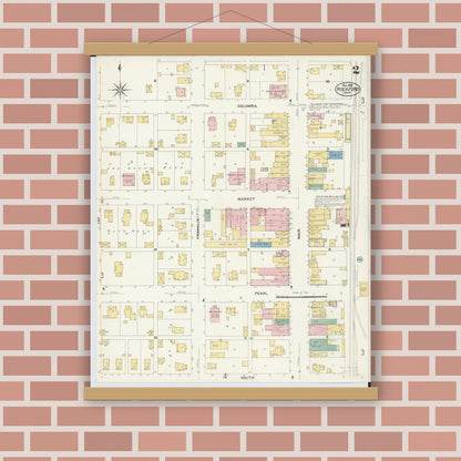 Old map wall art mockup — magnetic wood frame on brick wall — Sanborn Fire Insurance Map from Rockford, Mercer County, Ohio (1907), Sheet #0002