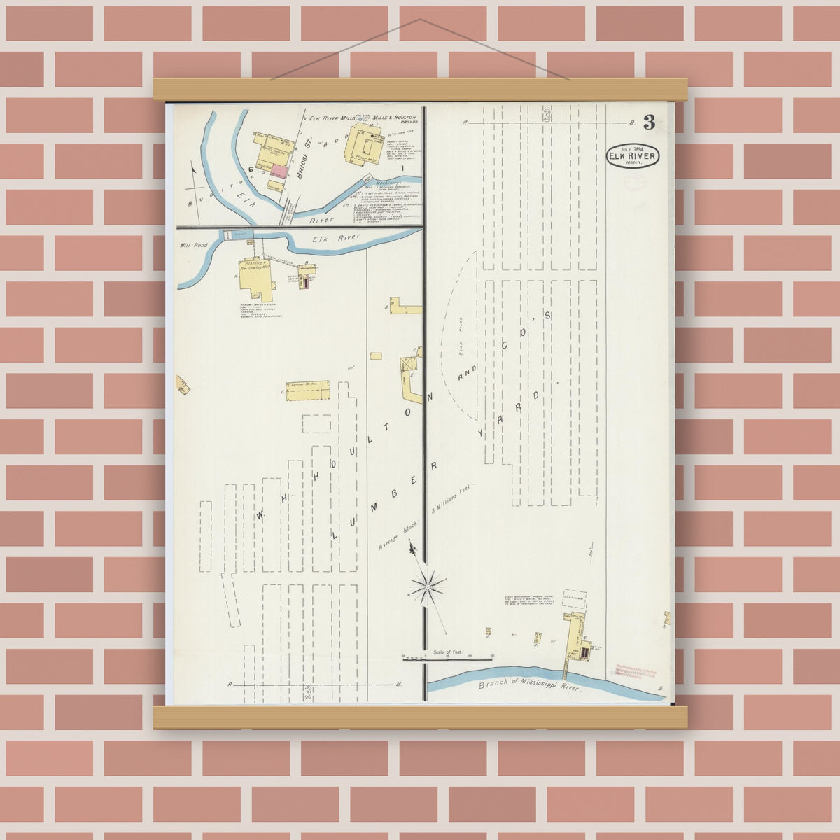 Old map wall art mockup — magnetic wood frame on brick wall — Sanborn Fire Insurance Map from Elk River, Sherburne County, Minnesota (1894), Sheet #0003