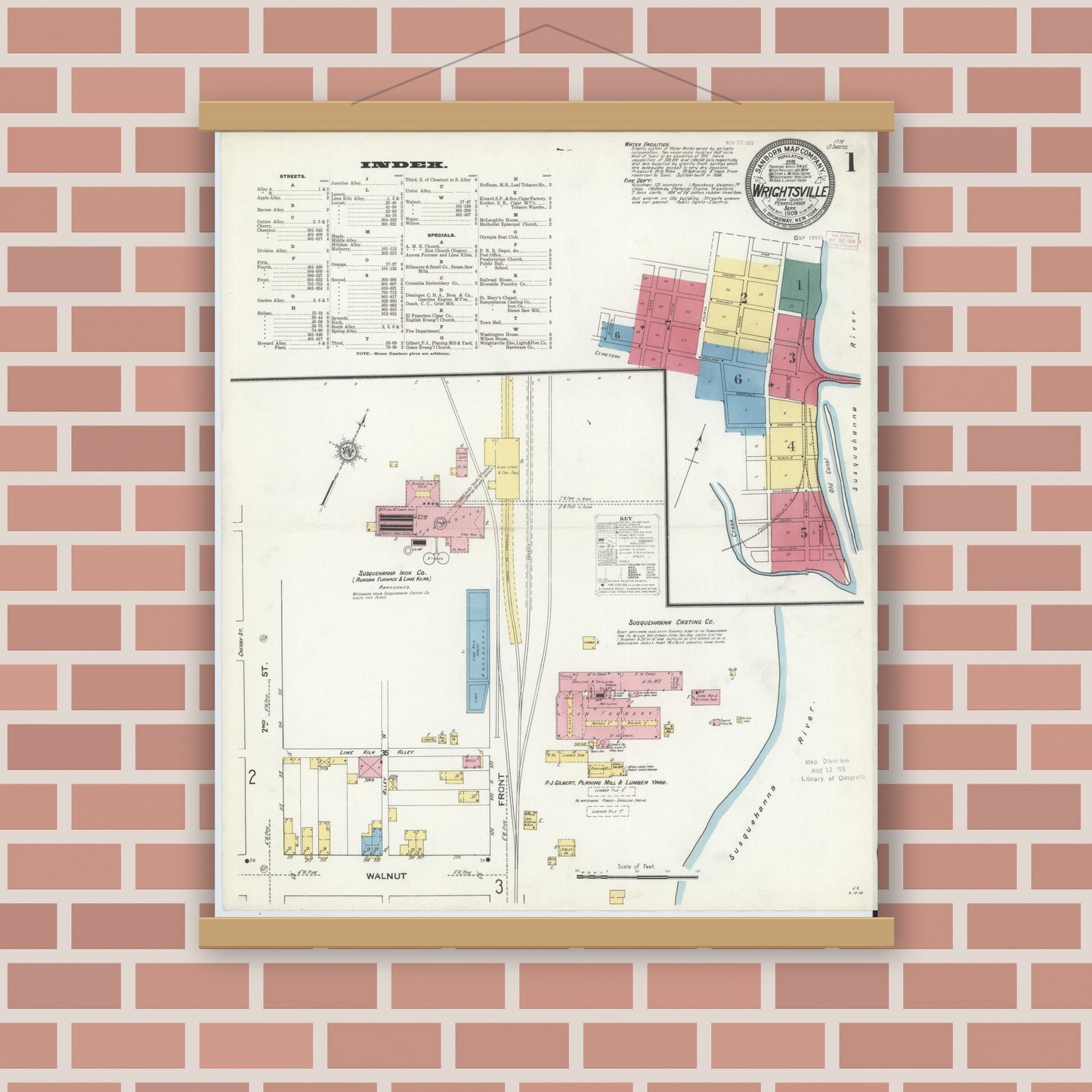 Old map wall art mockup — magnetic wood frame on brick wall — Sanborn Fire Insurance Map from Wrightsville, York County, Pennsylvania (1909), Sheet #0001