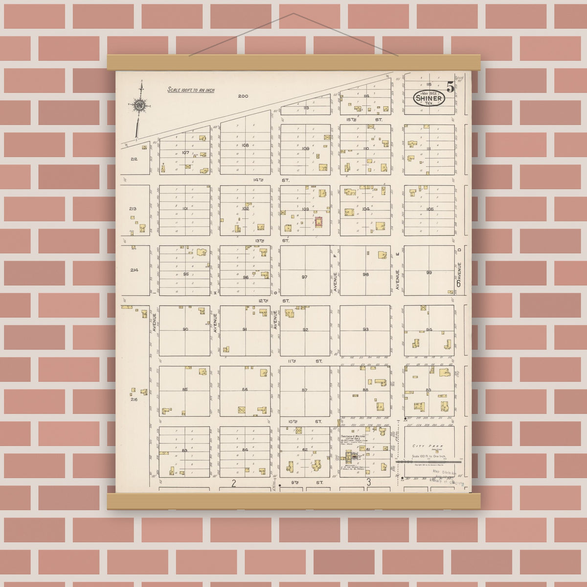 Old map wall art mockup — magnetic wood frame on brick wall — Sanborn Fire Insurance Map from Shiner, Lavaca County, Texas (1922), Sheet #0005