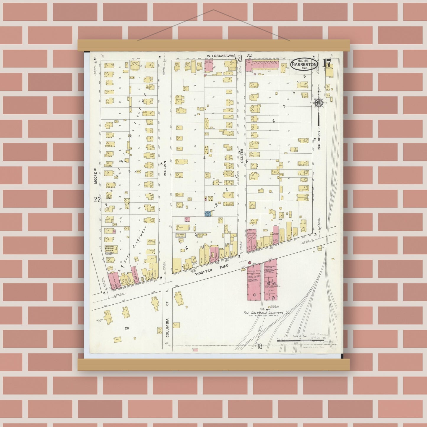Old map wall art mockup — magnetic wood frame on brick wall — Sanborn Fire Insurance Map from Barberton, Summit County, Ohio (1916), Sheet #0017
