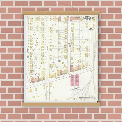 Old map wall art mockup — magnetic wood frame on brick wall — Sanborn Fire Insurance Map from Barberton, Summit County, Ohio (1916), Sheet #0017