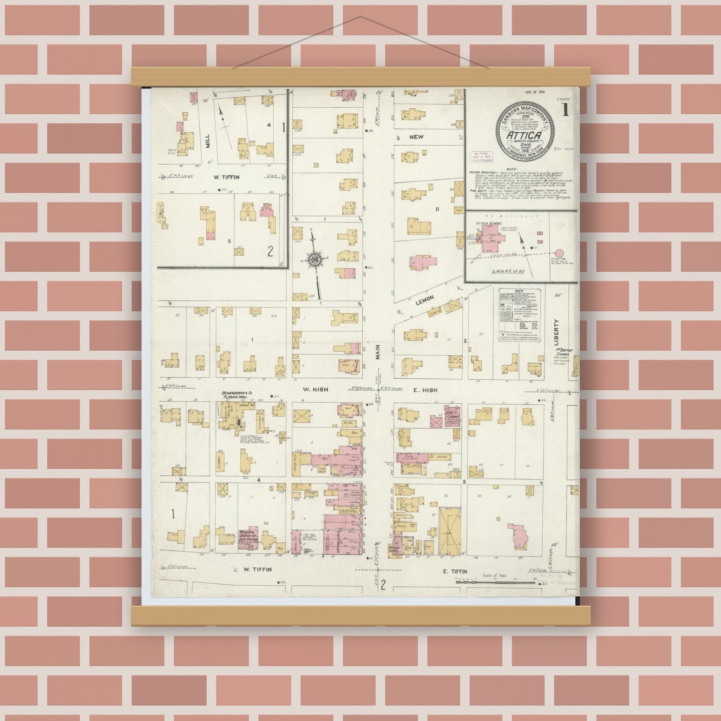 Old map wall art mockup — magnetic wood frame on brick wall — Sanborn Fire Insurance Map from Attica, Seneca County, Ohio (1912) - Complete Map Set