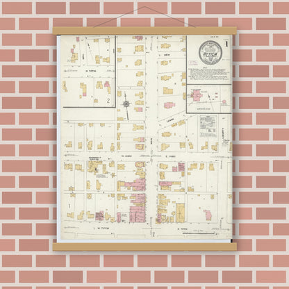 Old map wall art mockup — magnetic wood frame on brick wall — Sanborn Fire Insurance Map from Attica, Seneca County, Ohio (1912) - Complete Map Set