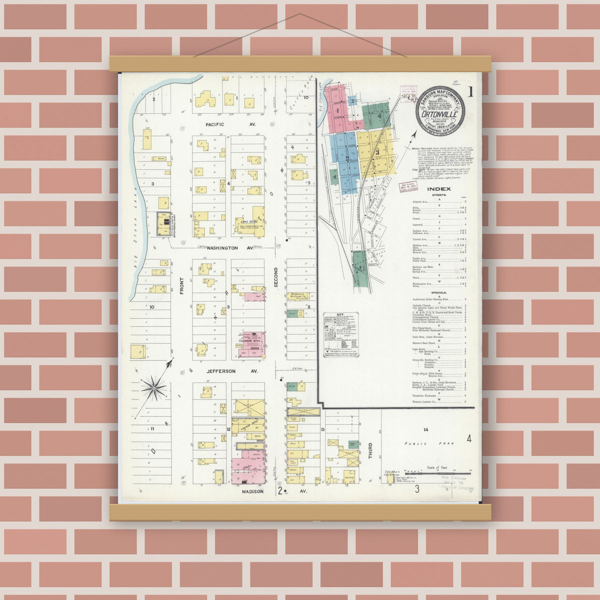 Old map wall art mockup — magnetic wood frame on brick wall — Sanborn Fire Insurance Map from Ortonville, Big Stone County, Minnesota (1909) - Complete Map Set