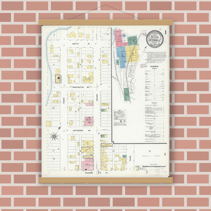 Old map wall art mockup — magnetic wood frame on brick wall — Sanborn Fire Insurance Map from Ortonville, Big Stone County, Minnesota (1909) - Complete Map Set