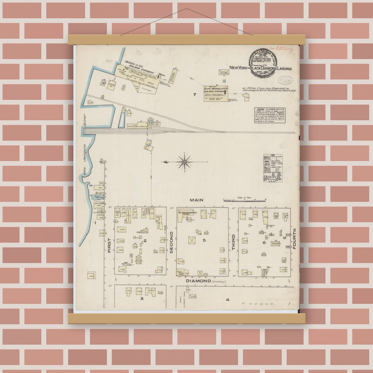 Old map wall art mockup — magnetic wood frame on brick wall — Sanborn Fire Insurance Map from New York Landing, Contra Costa County, California (1884), Sheet #0001