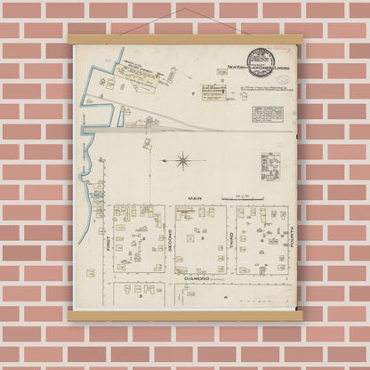 Old map wall art mockup — magnetic wood frame on brick wall — Sanborn Fire Insurance Map from New York Landing, Contra Costa County, California (1884), Sheet #0001