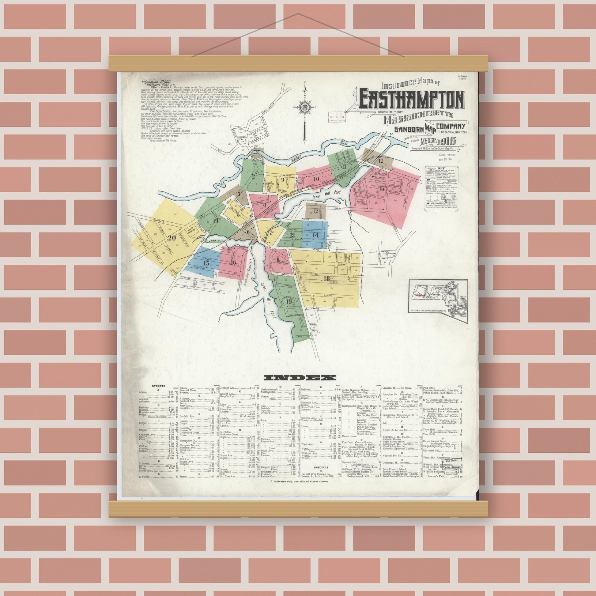Old map wall art mockup — magnetic wood frame on brick wall — Sanborn Fire Insurance Map from East Hampton, Hampshire County, Massachusetts (1916) - Complete Map Set