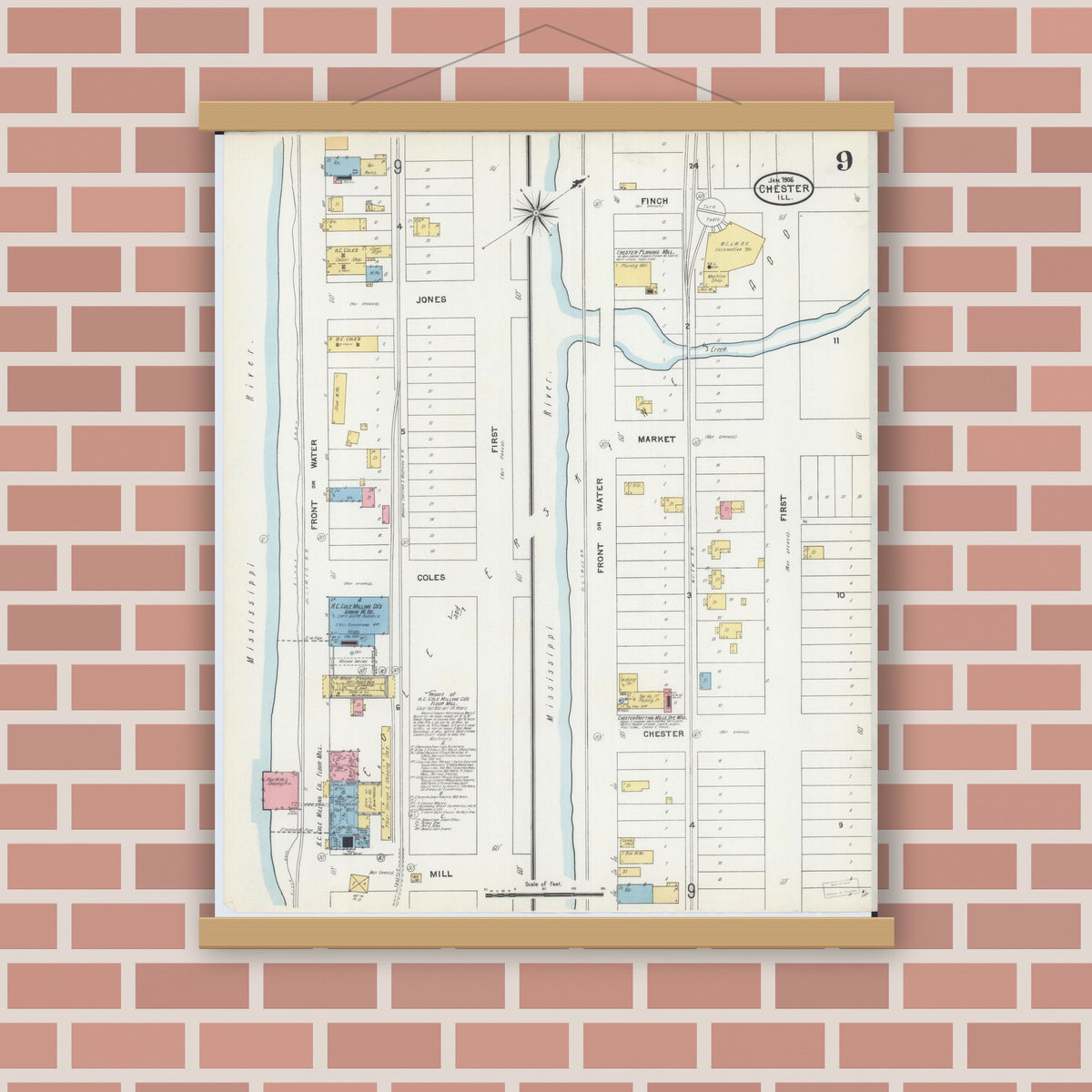 Old map wall art mockup — magnetic wood frame on brick wall — Sanborn Fire Insurance Map from Chester, Randolph County, Illinois (1906), Sheet #0009