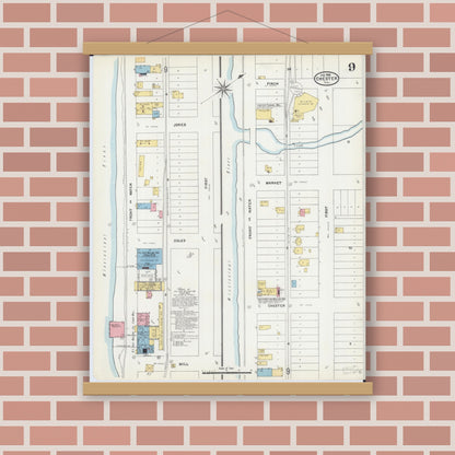 Old map wall art mockup — magnetic wood frame on brick wall — Sanborn Fire Insurance Map from Chester, Randolph County, Illinois (1906), Sheet #0009