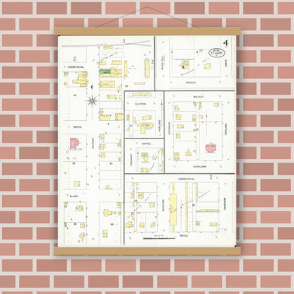 Old map wall art mockup — magnetic wood frame on brick wall — Sanborn Fire Insurance Map from Stuart, Guthrie and Adair Counties, Iowa (1901), Sheet #0004