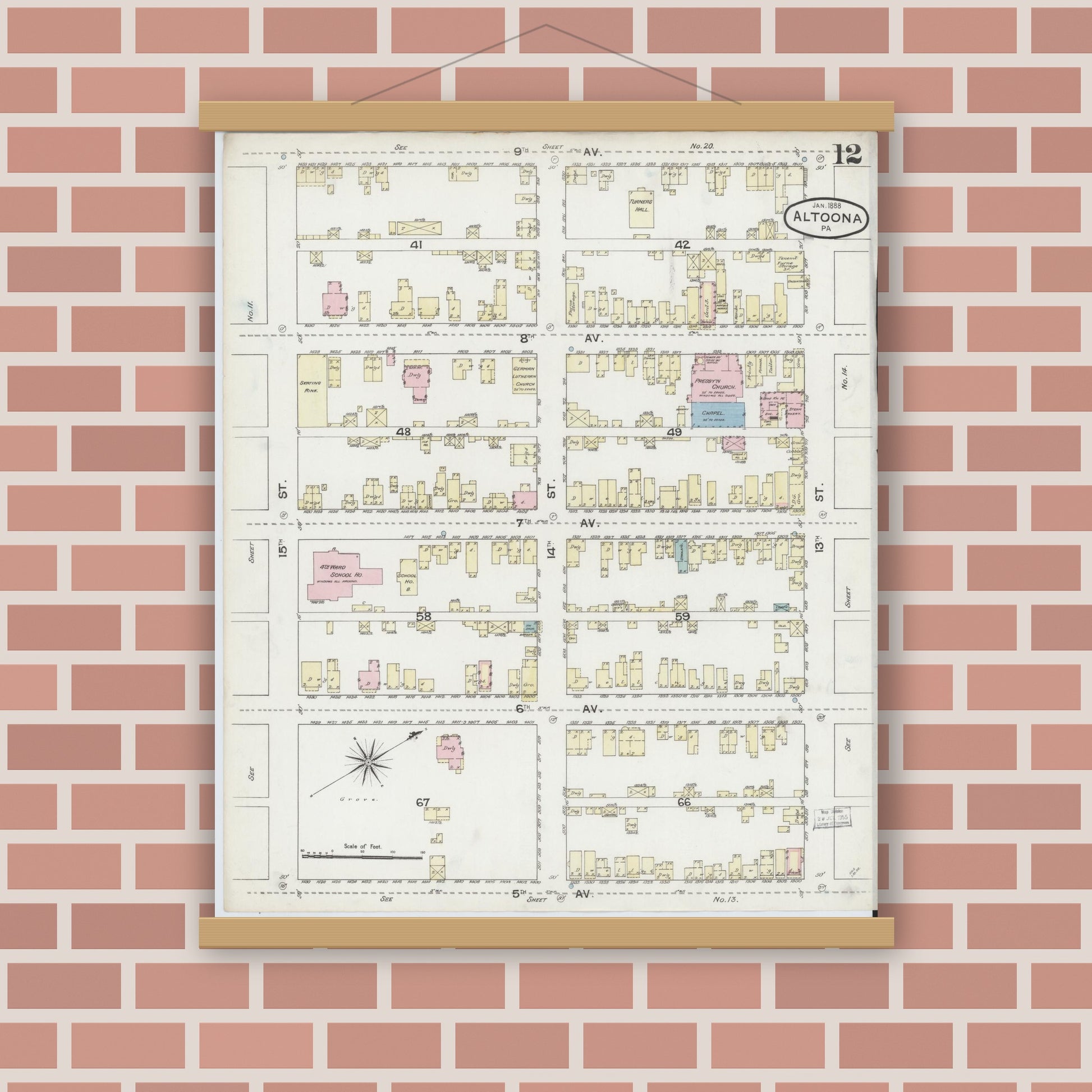 Old map wall art mockup — magnetic wood frame on brick wall — Sanborn Fire Insurance Map from Altoona, Blair County, Pennsylvania (1888), Sheet #0012