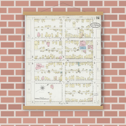 Old map wall art mockup — magnetic wood frame on brick wall — Sanborn Fire Insurance Map from Altoona, Blair County, Pennsylvania (1888), Sheet #0012