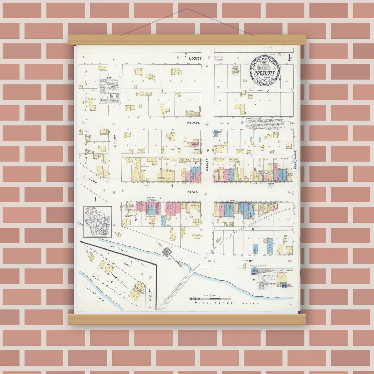 Old map wall art mockup — magnetic wood frame on brick wall — Sanborn Fire Insurance Map from Prescott, Pierce County, Wisconsin (1912) - Complete Map Set