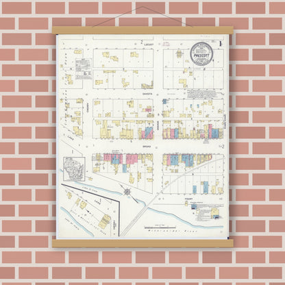 Old map wall art mockup — magnetic wood frame on brick wall — Sanborn Fire Insurance Map from Prescott, Pierce County, Wisconsin (1912) - Complete Map Set