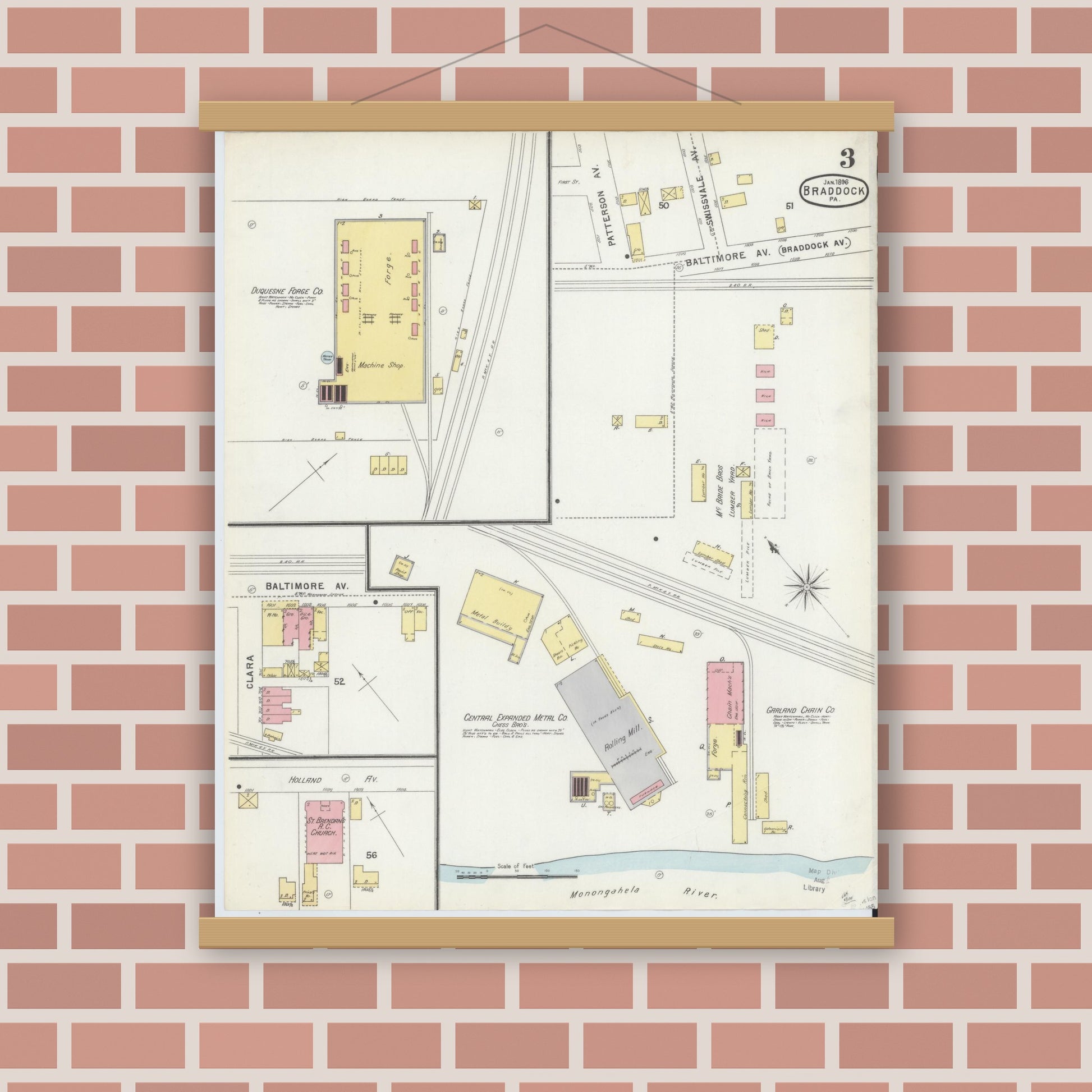 Old map wall art mockup — magnetic wood frame on brick wall — Sanborn Fire Insurance Map from Braddock, Allegheny County, Pennsylvania (1896), Sheet #0003