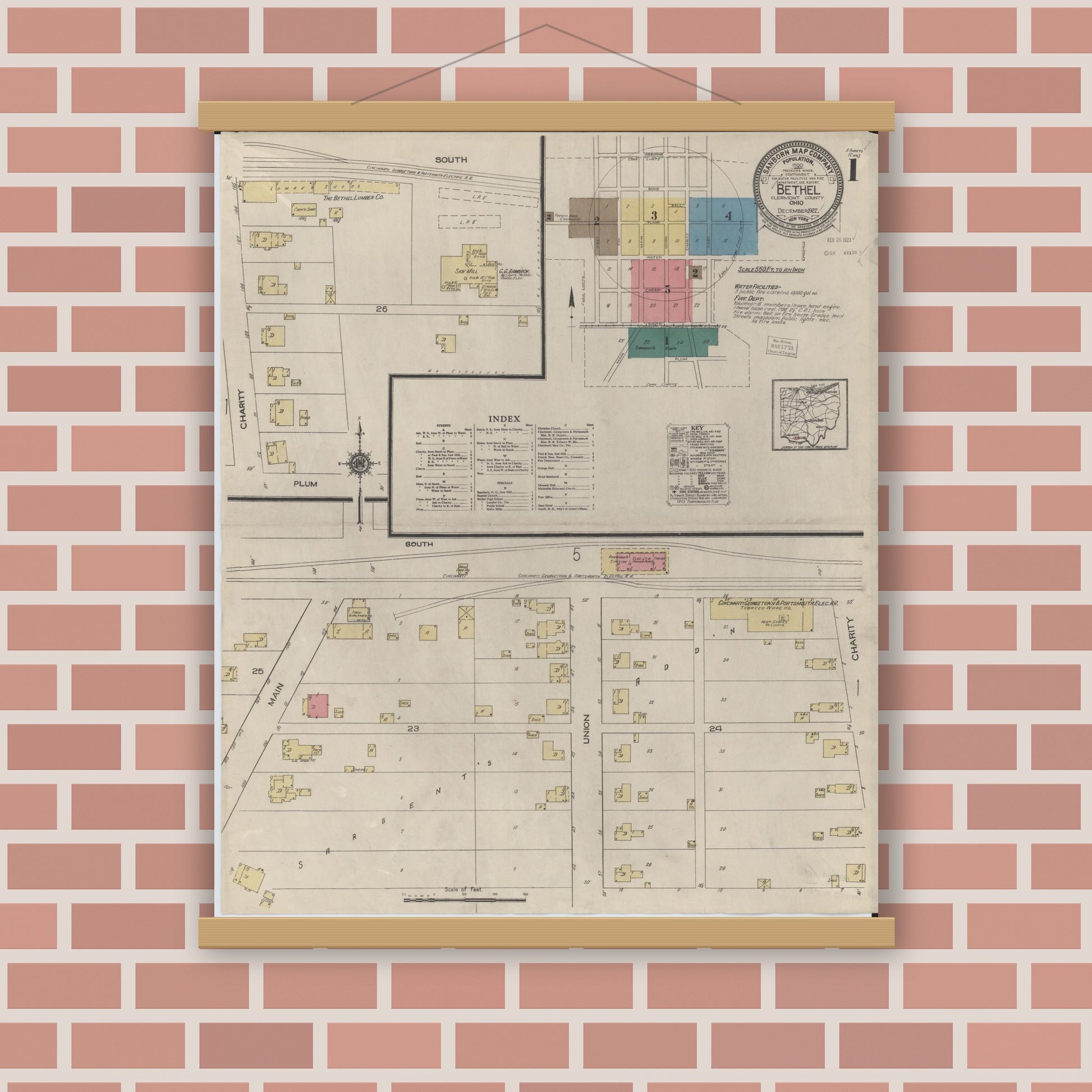 Old map wall art mockup — magnetic wood frame on brick wall — Sanborn Fire Insurance Map from Bethel, Clermont County, Ohio (1922), Sheet #0001