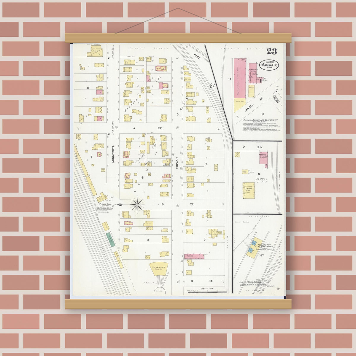 Old map wall art mockup — magnetic wood frame on brick wall — Sanborn Fire Insurance Map from Mankato, Blue Earth County, Minnesota (1908), Sheet #0023