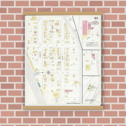 Old map wall art mockup — magnetic wood frame on brick wall — Sanborn Fire Insurance Map from Mankato, Blue Earth County, Minnesota (1908), Sheet #0023