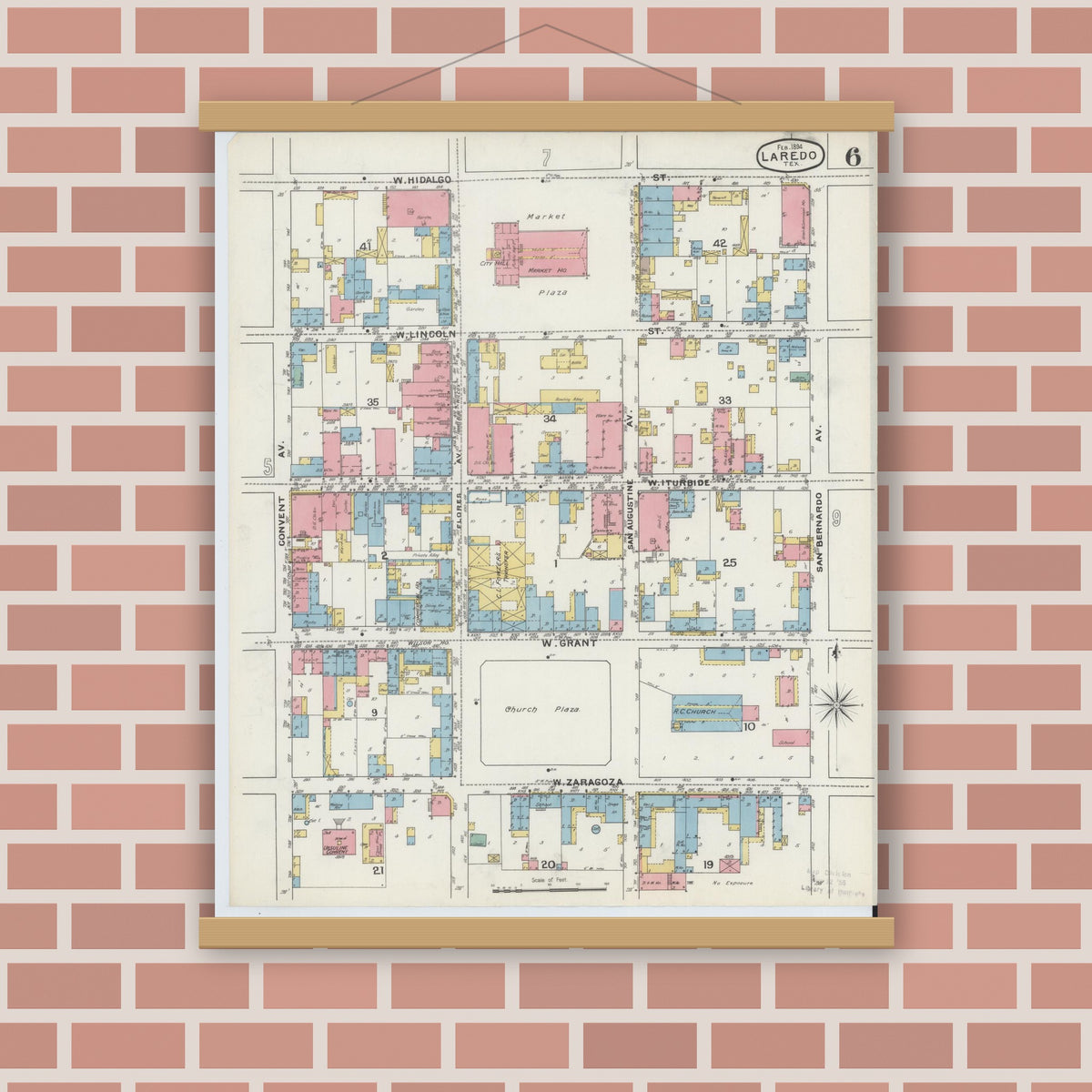 Old map wall art mockup — magnetic wood frame on brick wall — Sanborn Fire Insurance Map from Laredo, Webb County, Texas (1894), Sheet #0006